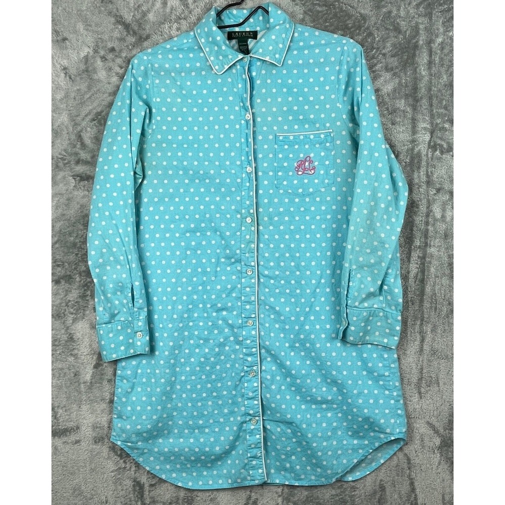 Lauren Ralph Lauren Womens Small Nightshirt Pajama Monogrammed Blue Polka Dot